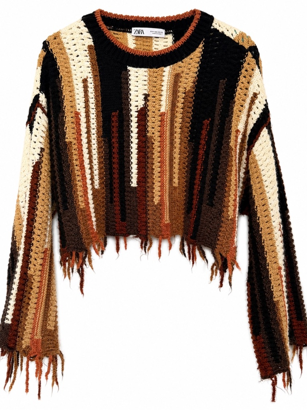 Zara Distressed Crochet Knit Fringe Sweater Size M